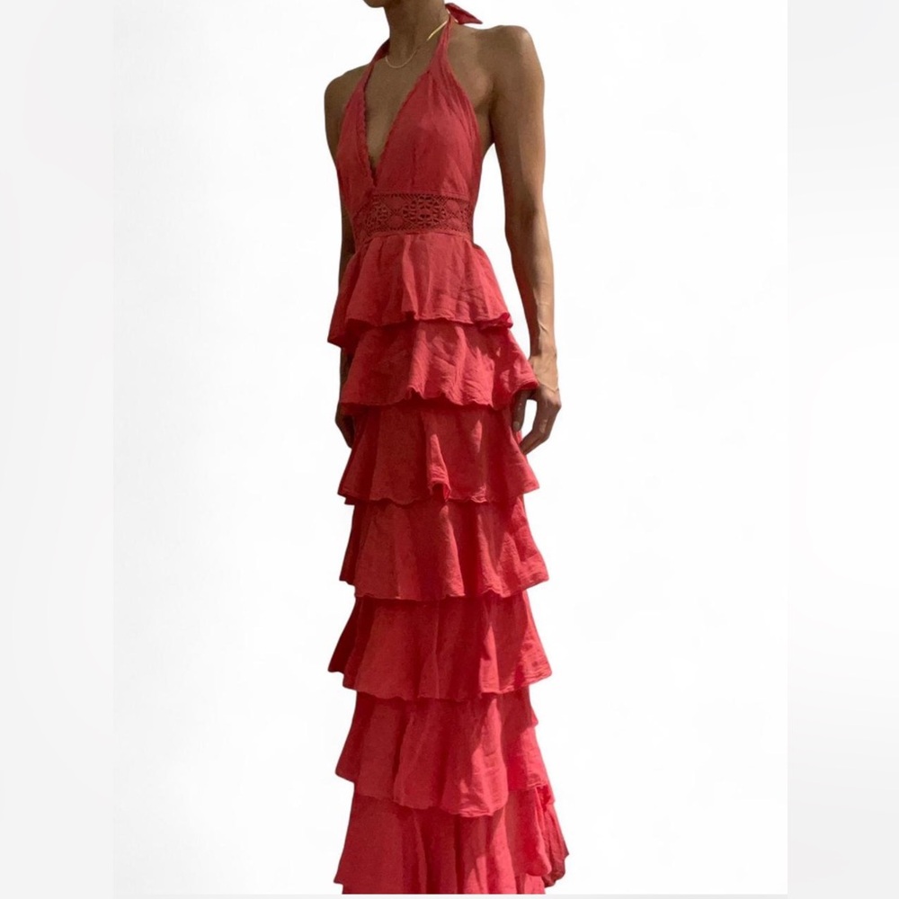 Pink V-Neck Ruffle Dress